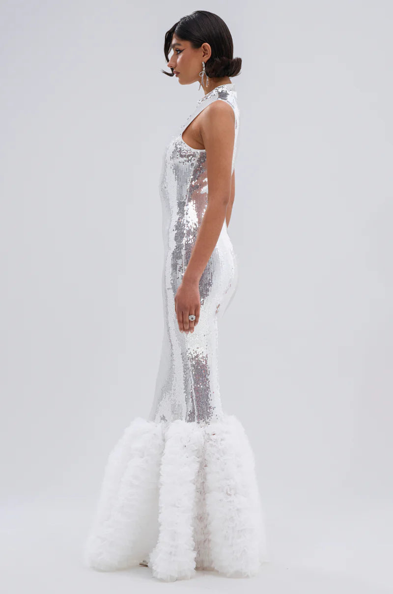 BELLE OF THE BALL SEQUIN RUFFLE MAXI DRESS IN WHITE