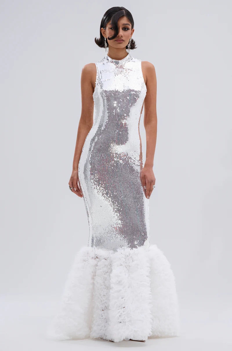 BELLE OF THE BALL SEQUIN RUFFLE MAXI DRESS IN WHITE