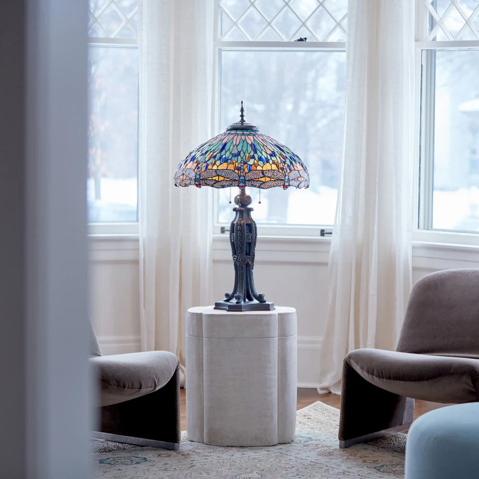 35" H Dragonfly Tiffany-Style Stained Glass Table Lamp